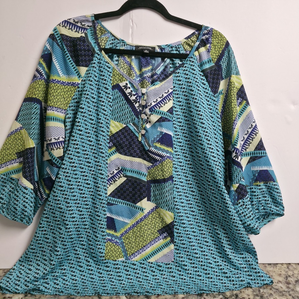 Notations Blouse Womens Sz XL Artsy Geometric Art Deco Blue Green 3/4 Sleeve Top